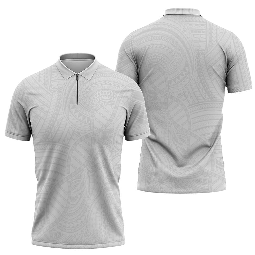 Samoan DNA Art Tattoo Zipper Polo Shirt Polynesian Pattern All White