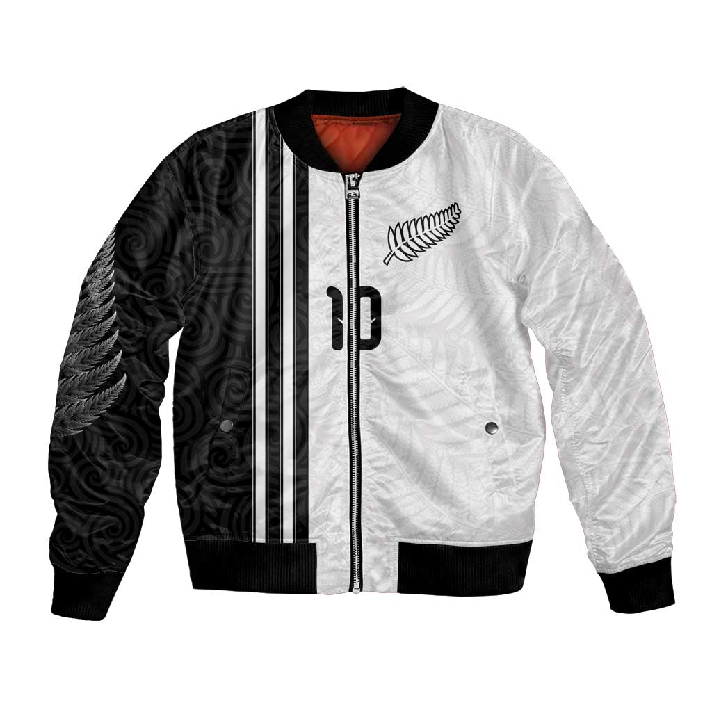 Custom New Zealand Football Bomber Jacket Silver Fern and Maori Tribal Black White Half Sporty Style LT03 Unisex Multicolor - Polynesian Pride