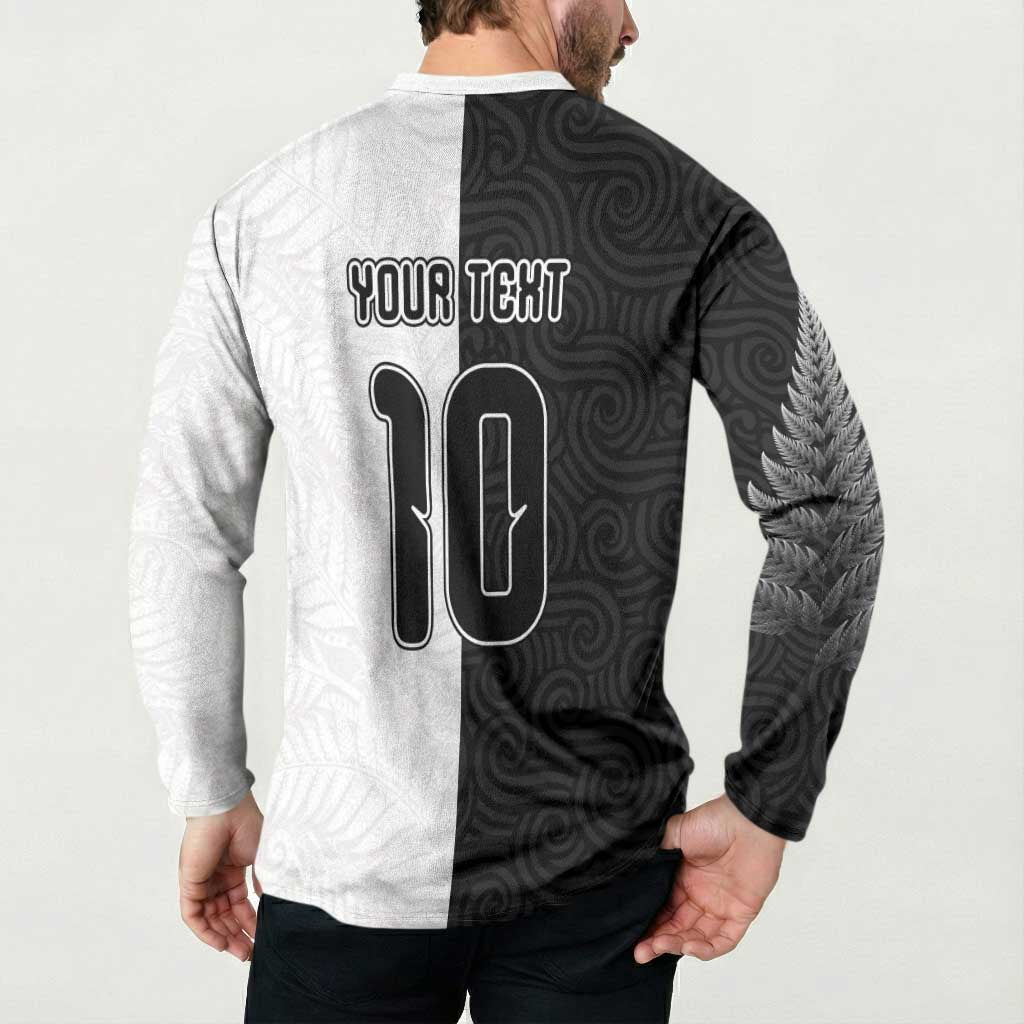 Custom New Zealand Football Button Sweatshirt Silver Fern and Maori Tribal Black White Half Sporty Style LT03 - Polynesian Pride