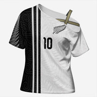 Custom New Zealand Football Cross Shoulder Shirt Silver Fern and Maori Tribal Black White Half Sporty Style LT03 Female Multicolor - Polynesian Pride