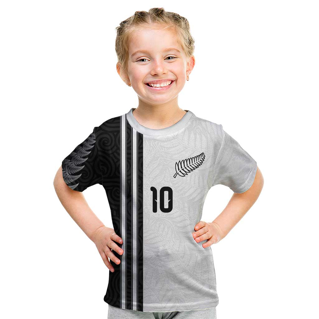 Custom New Zealand Football Kid T Shirt Silver Fern and Maori Tribal Black White Half Sporty Style