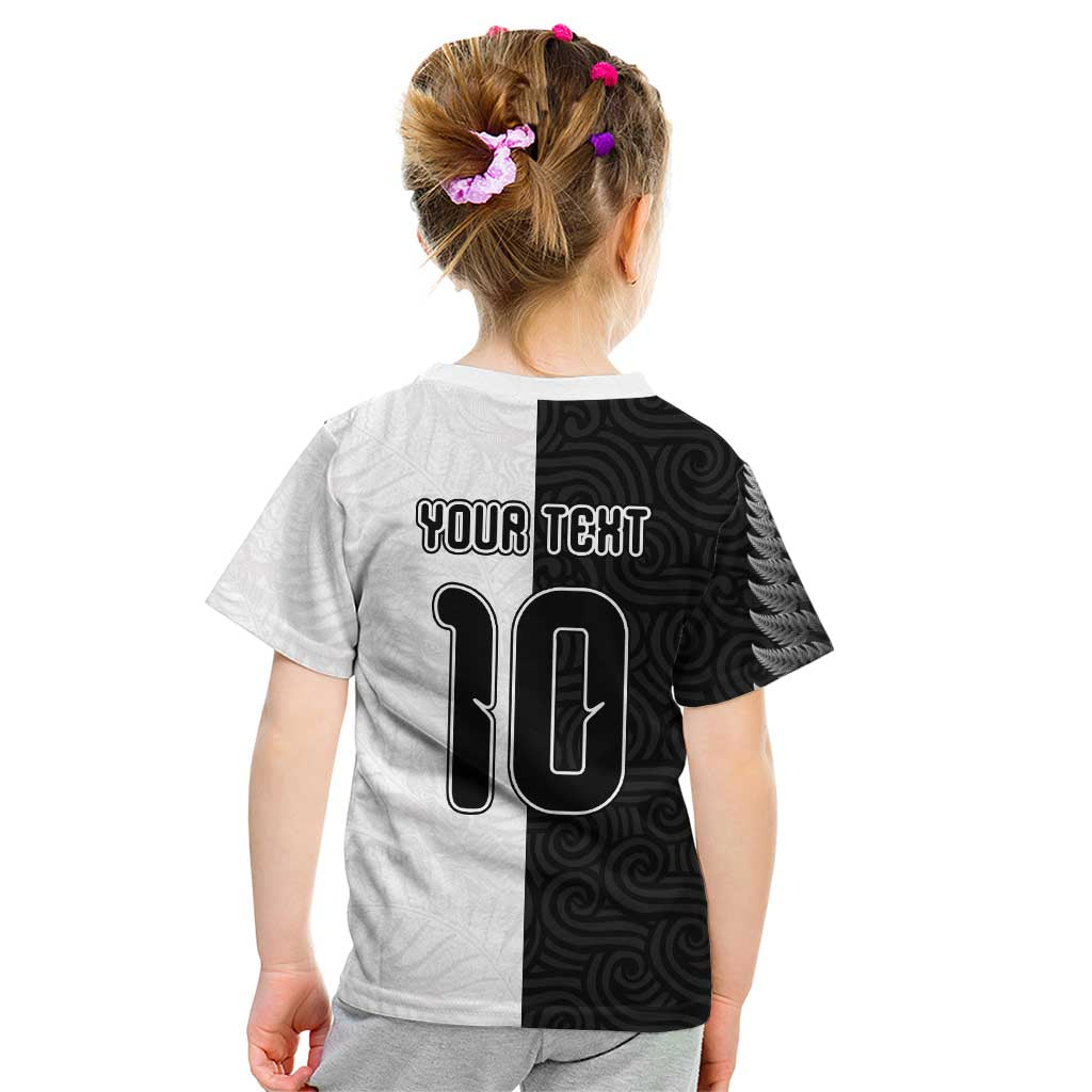 Custom New Zealand Football Kid T Shirt Silver Fern and Maori Tribal Black White Half Sporty Style LT03 - Polynesian Pride