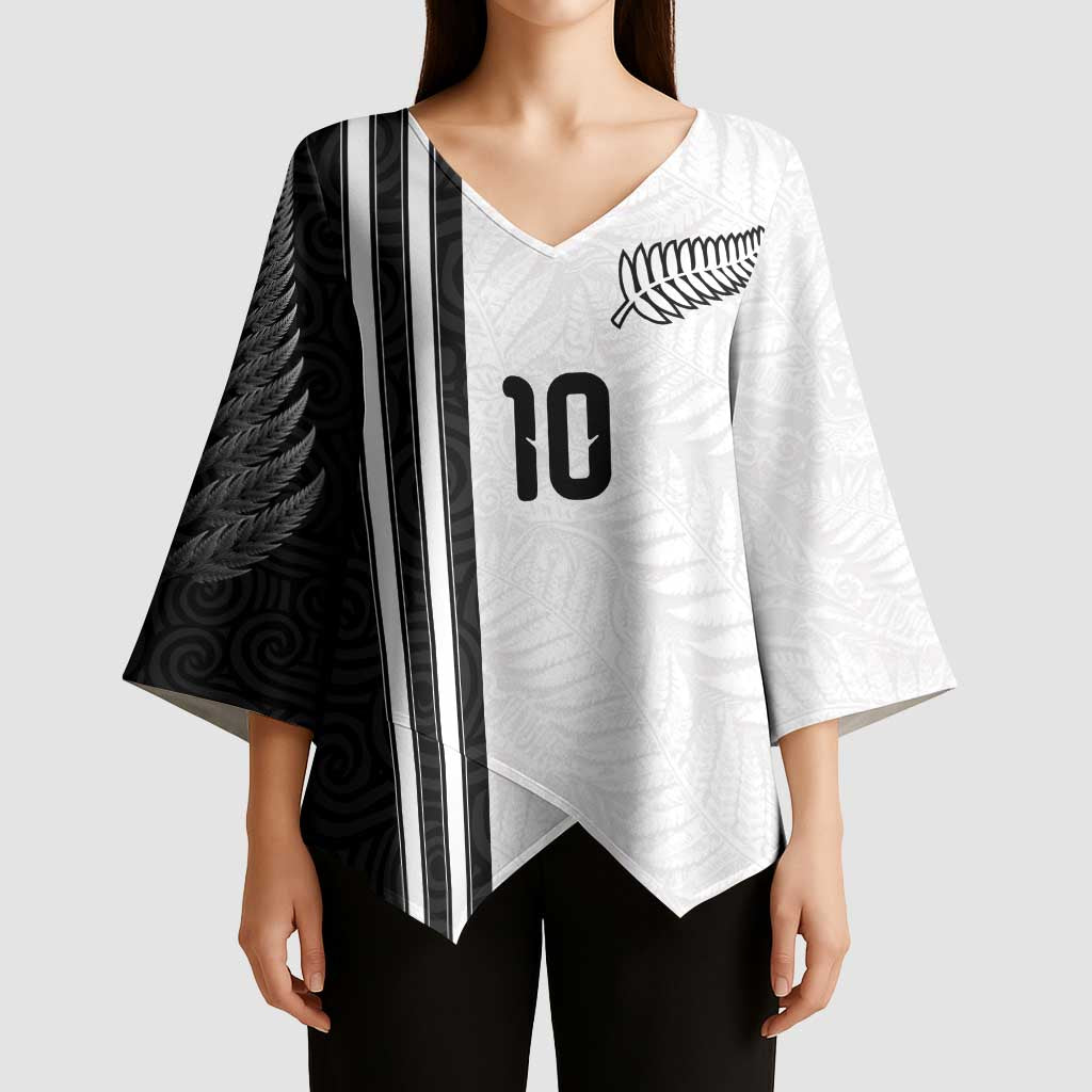 Custom New Zealand Football Kimono Sleeve Blouse Silver Fern and Maori Tribal Black White Half Sporty Style LT03 - Polynesian Pride