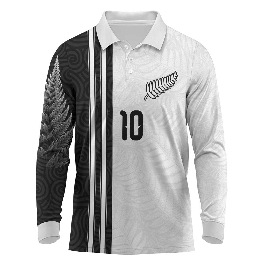 Custom New Zealand Football Long Sleeve Polo Shirt Silver Fern and Maori Tribal Black White Half Sporty Style LT03 Multicolor - Polynesian Pride