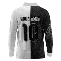 Custom New Zealand Football Long Sleeve Polo Shirt Silver Fern and Maori Tribal Black White Half Sporty Style LT03 - Polynesian Pride