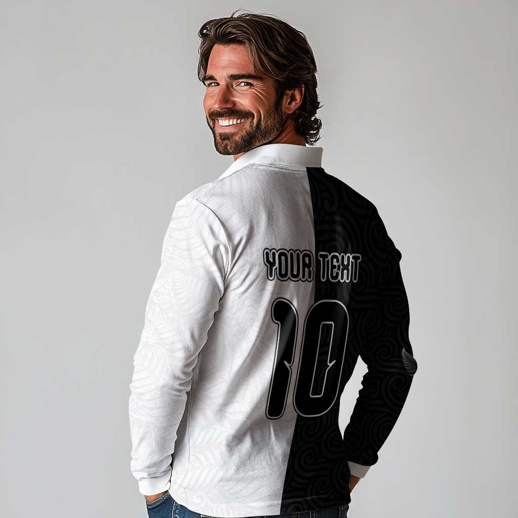 Custom New Zealand Football Long Sleeve Polo Shirt Silver Fern and Maori Tribal Black White Half Sporty Style LT03 - Polynesian Pride