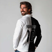 Custom New Zealand Football Long Sleeve Polo Shirt Silver Fern and Maori Tribal Black White Half Sporty Style LT03 - Polynesian Pride