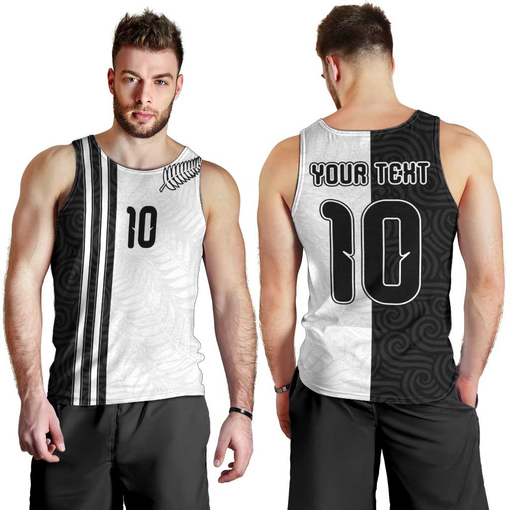 Custom New Zealand Football Men Tank Top Silver Fern and Maori Tribal Black White Half Sporty Style LT03 - Polynesian Pride
