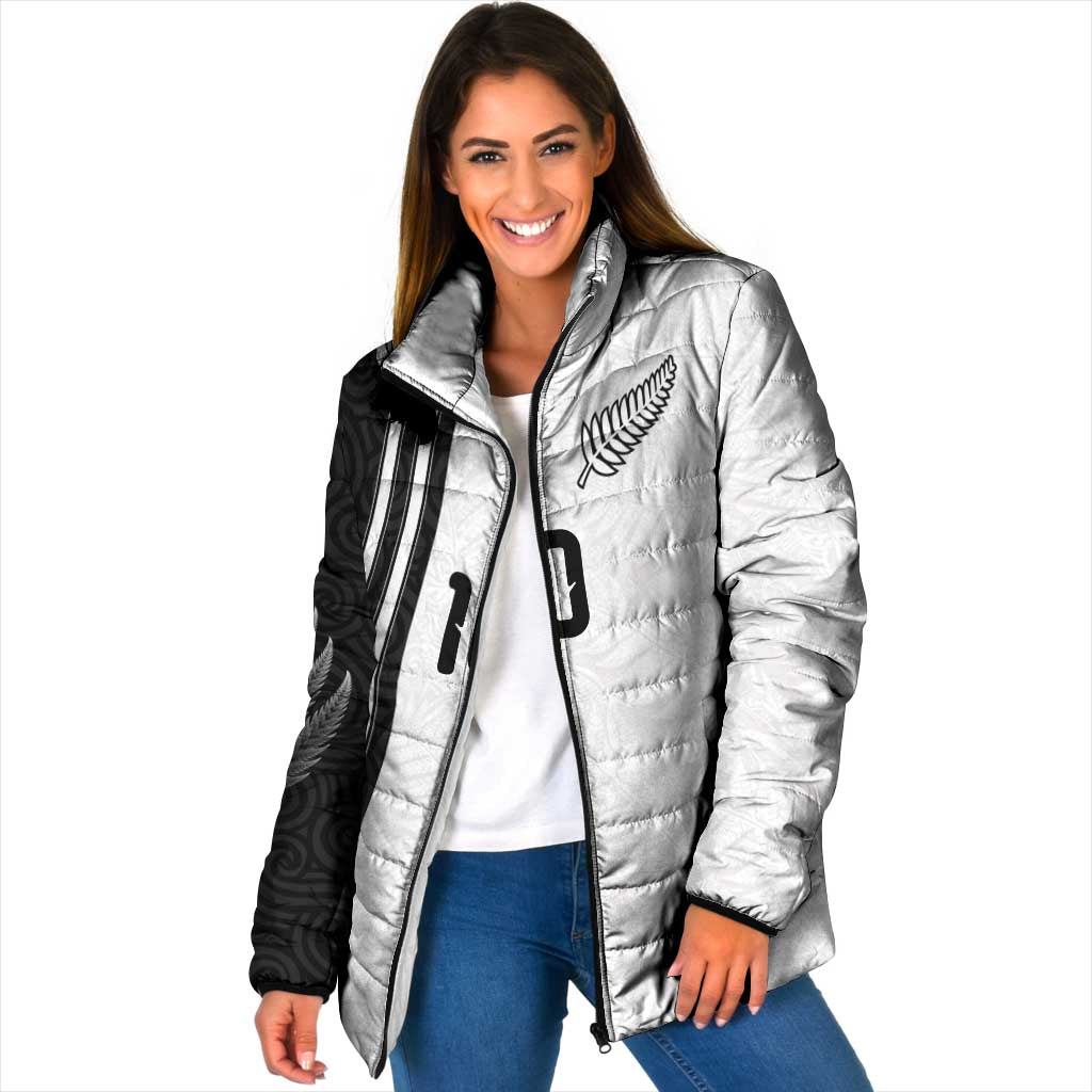 Custom New Zealand Football Padded Jacket Silver Fern and Maori Tribal Black White Half Sporty Style LT03 Women Multicolor - Polynesian Pride