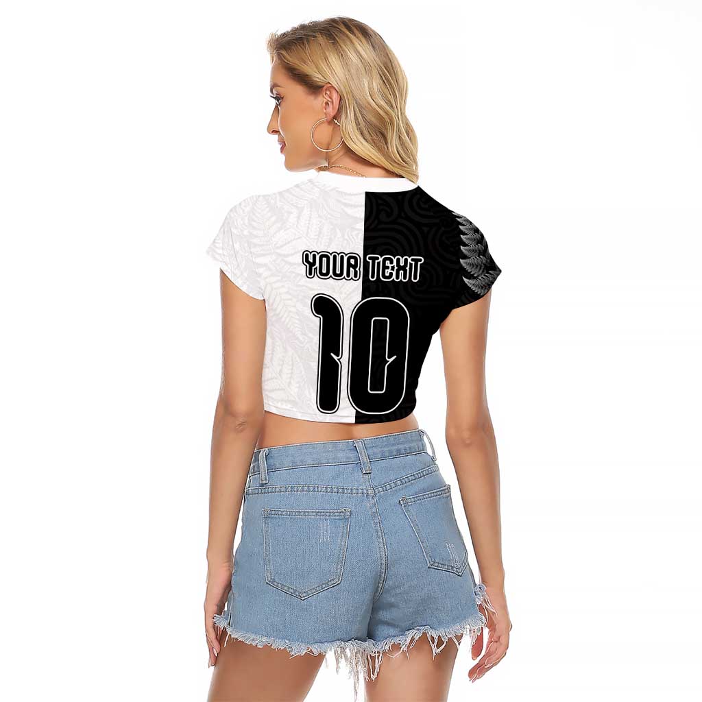 Custom New Zealand Football Raglan Cropped T Shirt Silver Fern and Maori Tribal Black White Half Sporty Style LT03 - Polynesian Pride