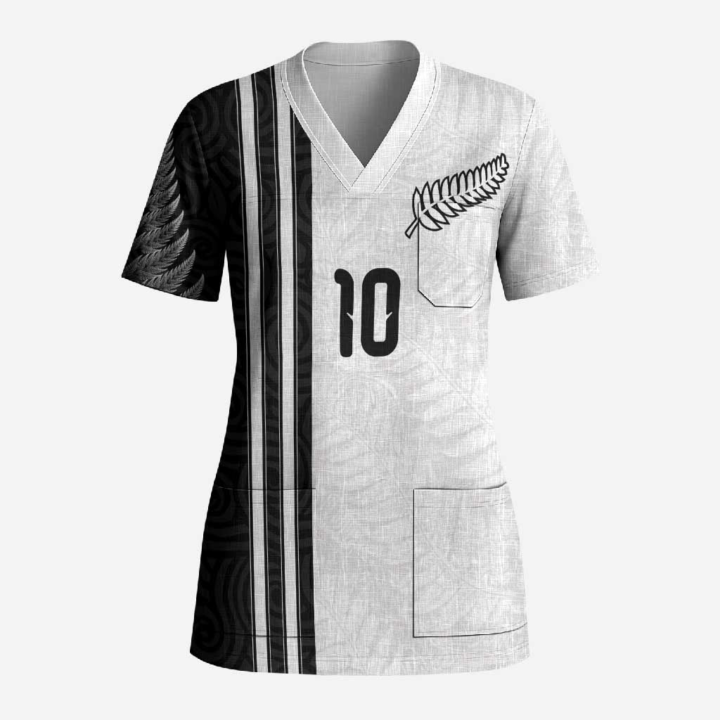 Custom New Zealand Football Scrub Top Silver Fern and Maori Tribal Black White Half Sporty Style
