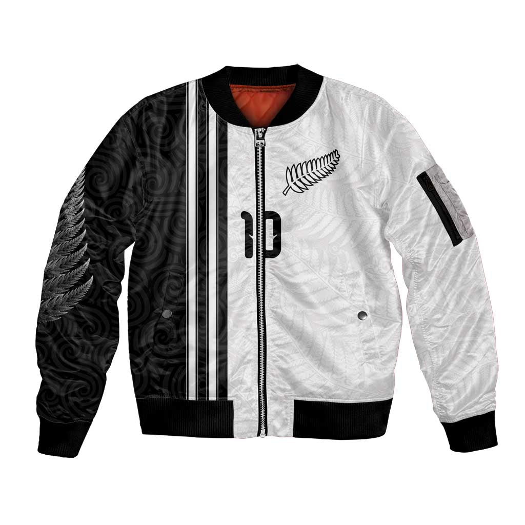 Custom New Zealand Football Sleeve Zip Bomber Jacket Silver Fern and Maori Tribal Black White Half Sporty Style LT03 Unisex Multicolor - Polynesian Pride