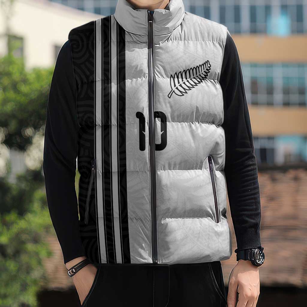 Custom New Zealand Football Sleeveless Puffer Jacket Silver Fern and Maori Tribal Black White Half Sporty Style LT03 - Polynesian Pride