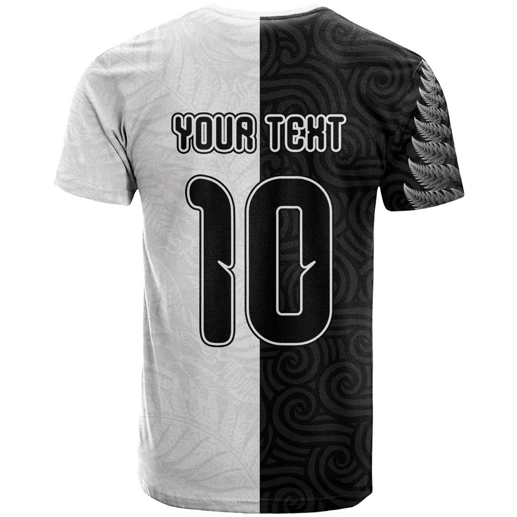 Custom New Zealand Football T Shirt Silver Fern and Maori Tribal Black White Half Sporty Style LT03 - Polynesian Pride