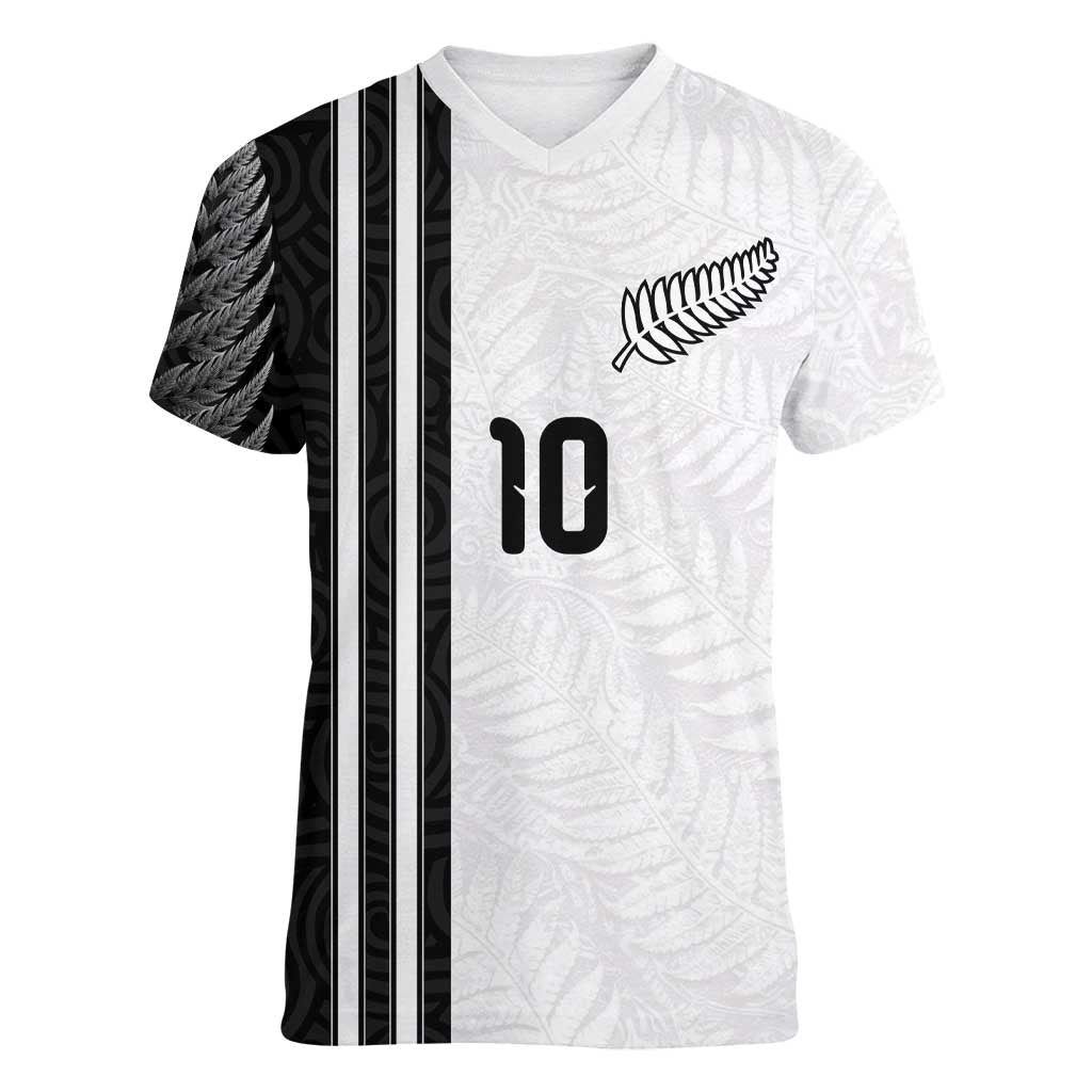 Custom New Zealand Football Women V-Neck T-Shirt Silver Fern and Maori Tribal Black White Half Sporty Style