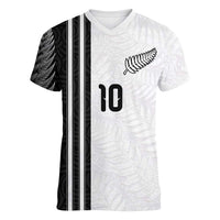 Custom New Zealand Football Women V-Neck T-Shirt Silver Fern and Maori Tribal Black White Half Sporty Style LT03 Female Multicolor - Polynesian Pride
