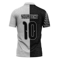 Custom New Zealand Football Zipper Polo Shirt Silver Fern and Maori Tribal Black White Half Sporty Style LT03 - Polynesian Pride