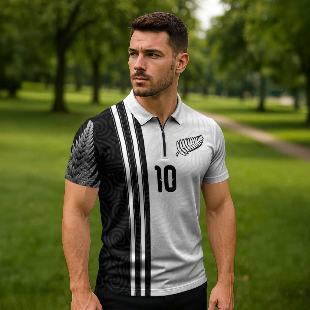Custom New Zealand Football Zipper Polo Shirt Silver Fern and Maori Tribal Black White Half Sporty Style LT03 - Polynesian Pride