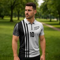 Custom New Zealand Football Zipper Polo Shirt Silver Fern and Maori Tribal Black White Half Sporty Style LT03 - Polynesian Pride