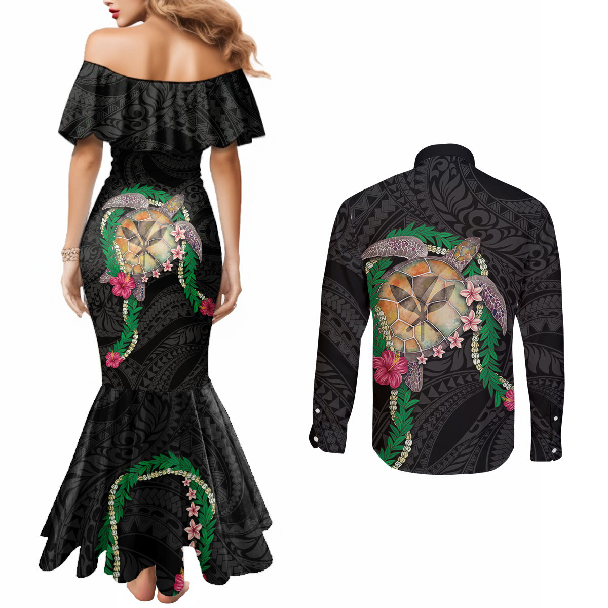 Hawaii Pikake and Maile Lei Couples Matching Mermaid Dress and Long Sleeve Button Shirt Honu Polynesian Pattern Black Color
