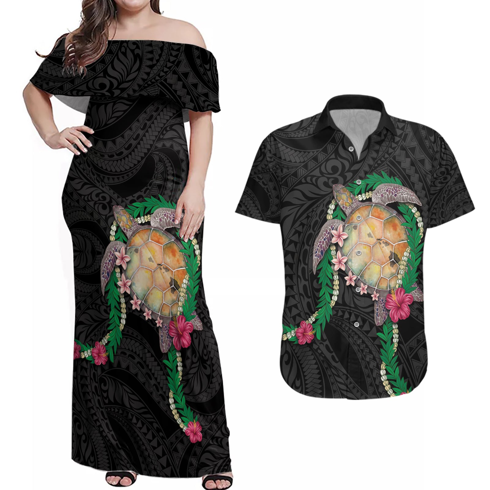 Hawaii Pikake and Maile Lei Couples Matching Off Shoulder Maxi Dress and Hawaiian Shirt Honu Polynesian Pattern Black Color