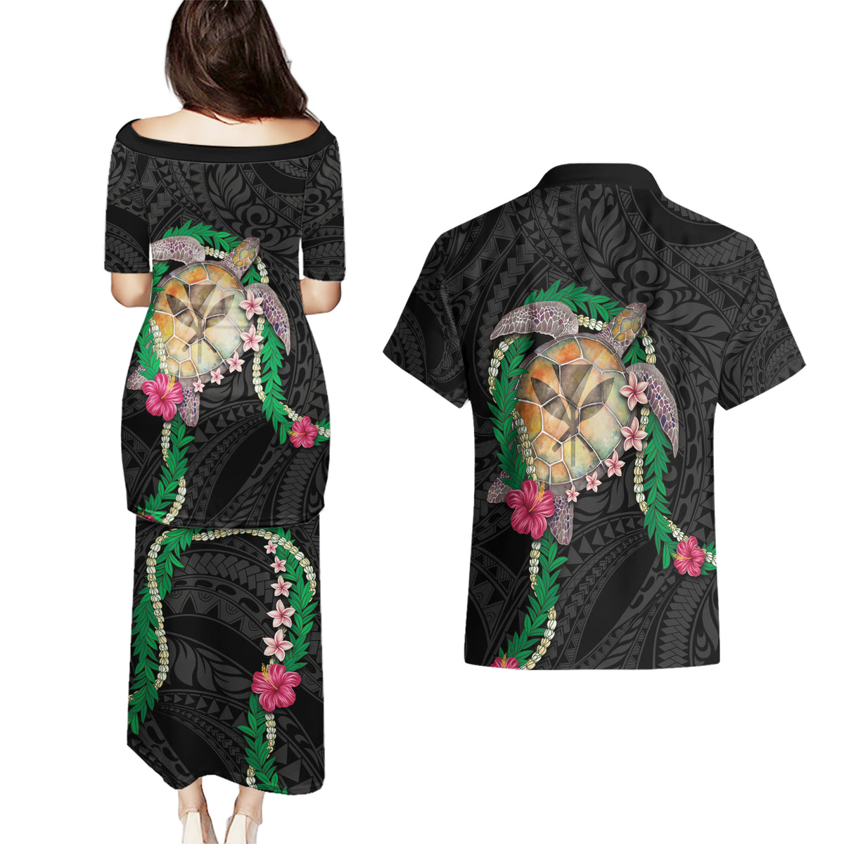 Hawaii Pikake and Maile Lei Couples Matching Puletasi and Hawaiian Shirt Honu Polynesian Pattern Black Color