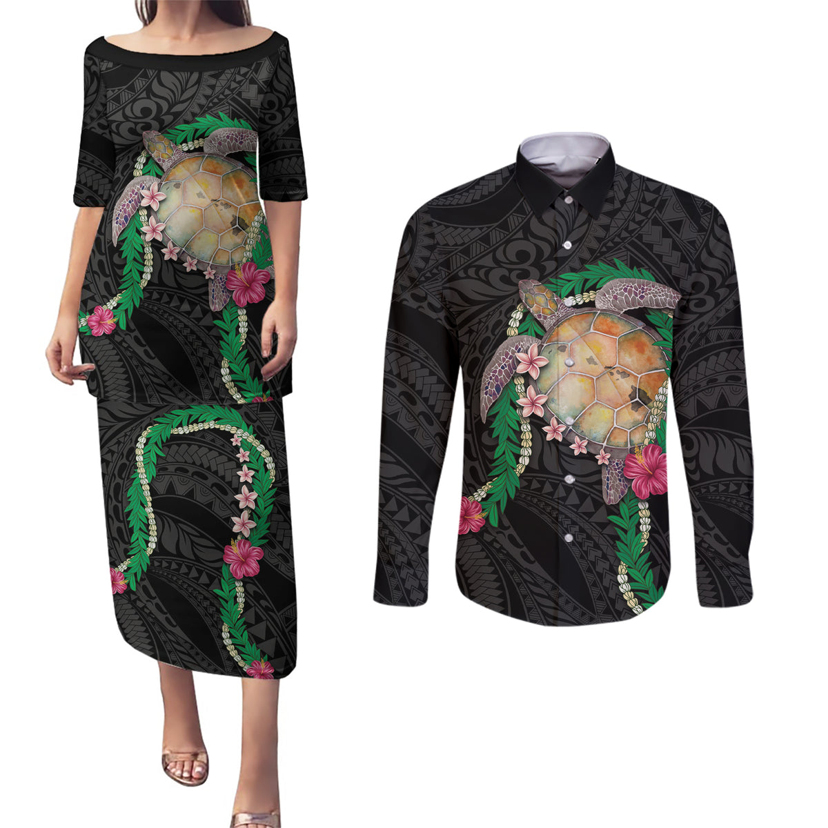 Hawaii Pikake and Maile Lei Couples Matching Puletasi and Long Sleeve Button Shirt Honu Polynesian Pattern Black Color