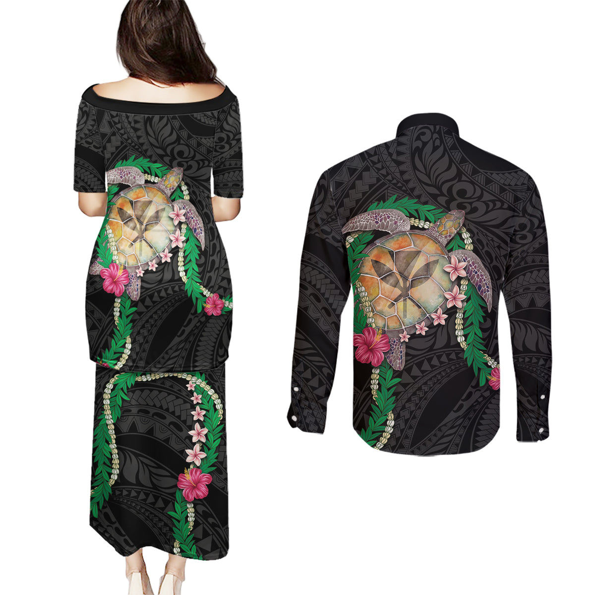 Hawaii Pikake and Maile Lei Couples Matching Puletasi and Long Sleeve Button Shirt Honu Polynesian Pattern Black Color