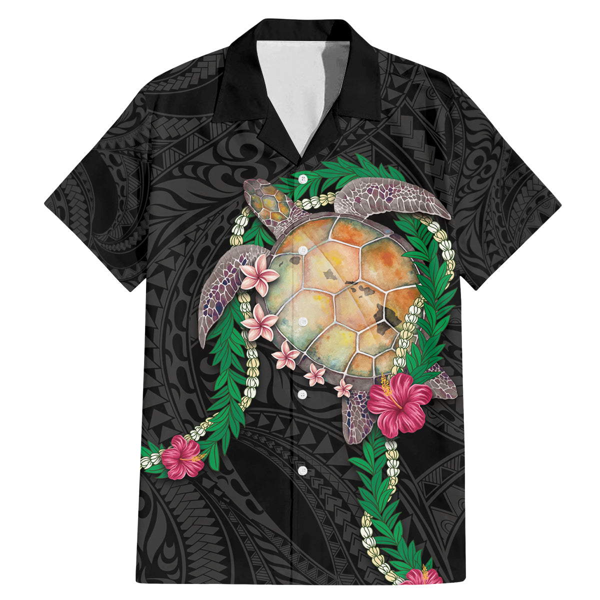 Hawaii Pikake and Maile Lei Family Matching Mermaid Dress and Hawaiian Shirt Honu Polynesian Pattern Black Color