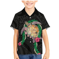 Hawaii Pikake and Maile Lei Family Matching Mermaid Dress and Hawaiian Shirt Honu Polynesian Pattern Black Color
