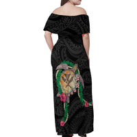 Hawaii Pikake and Maile Lei Family Matching Off Shoulder Maxi Dress and Hawaiian Shirt Honu Polynesian Pattern Black Color