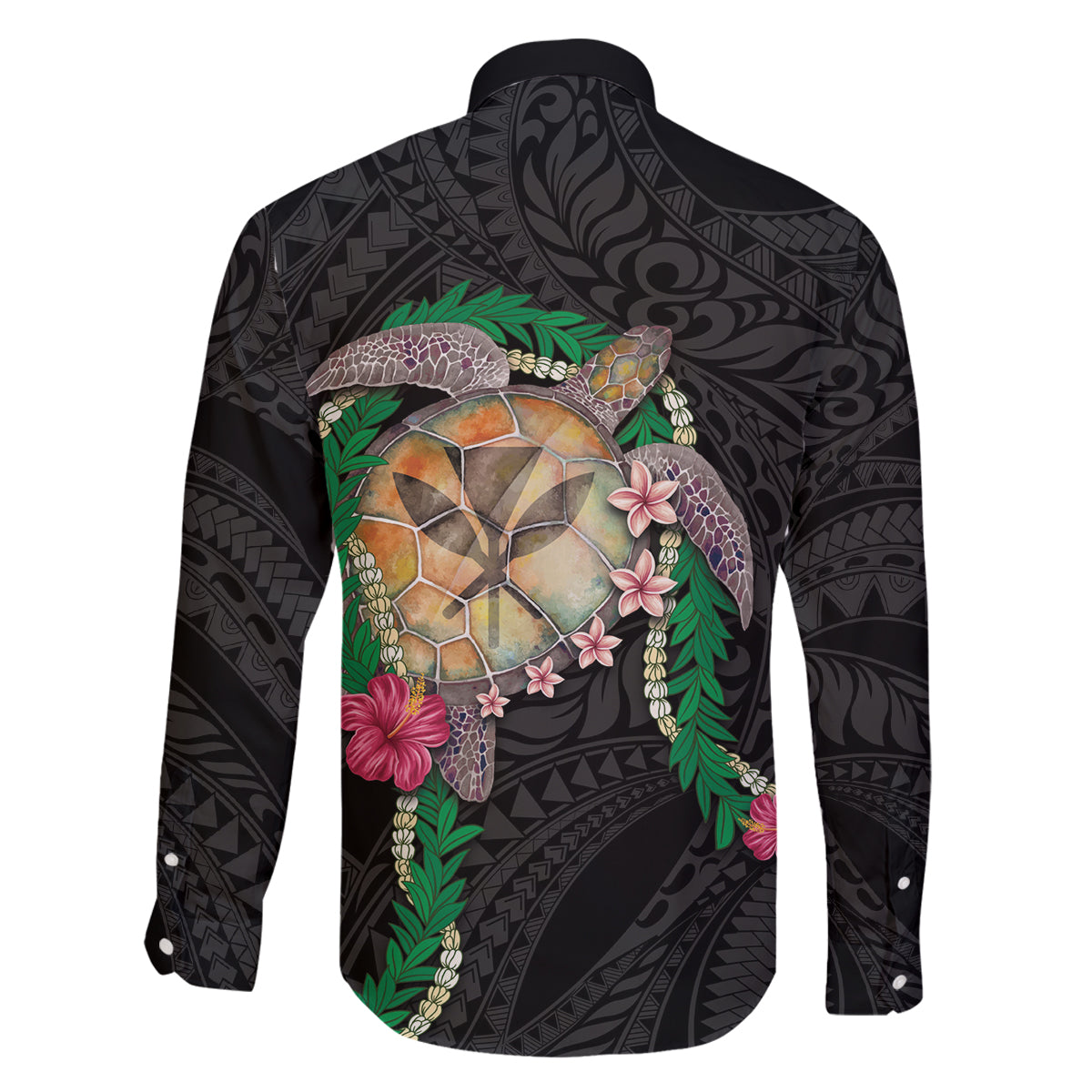 Hawaii Pikake and Maile Lei Family Matching Puletasi and Hawaiian Shirt Honu Polynesian Pattern Black Color