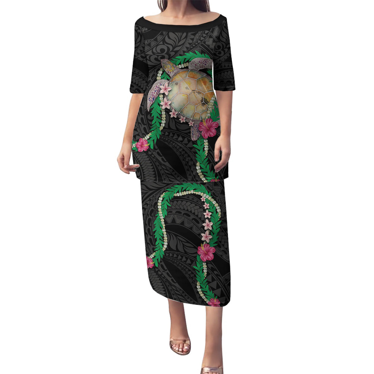 Hawaii Pikake and Maile Lei Family Matching Puletasi and Hawaiian Shirt Honu Polynesian Pattern Black Color