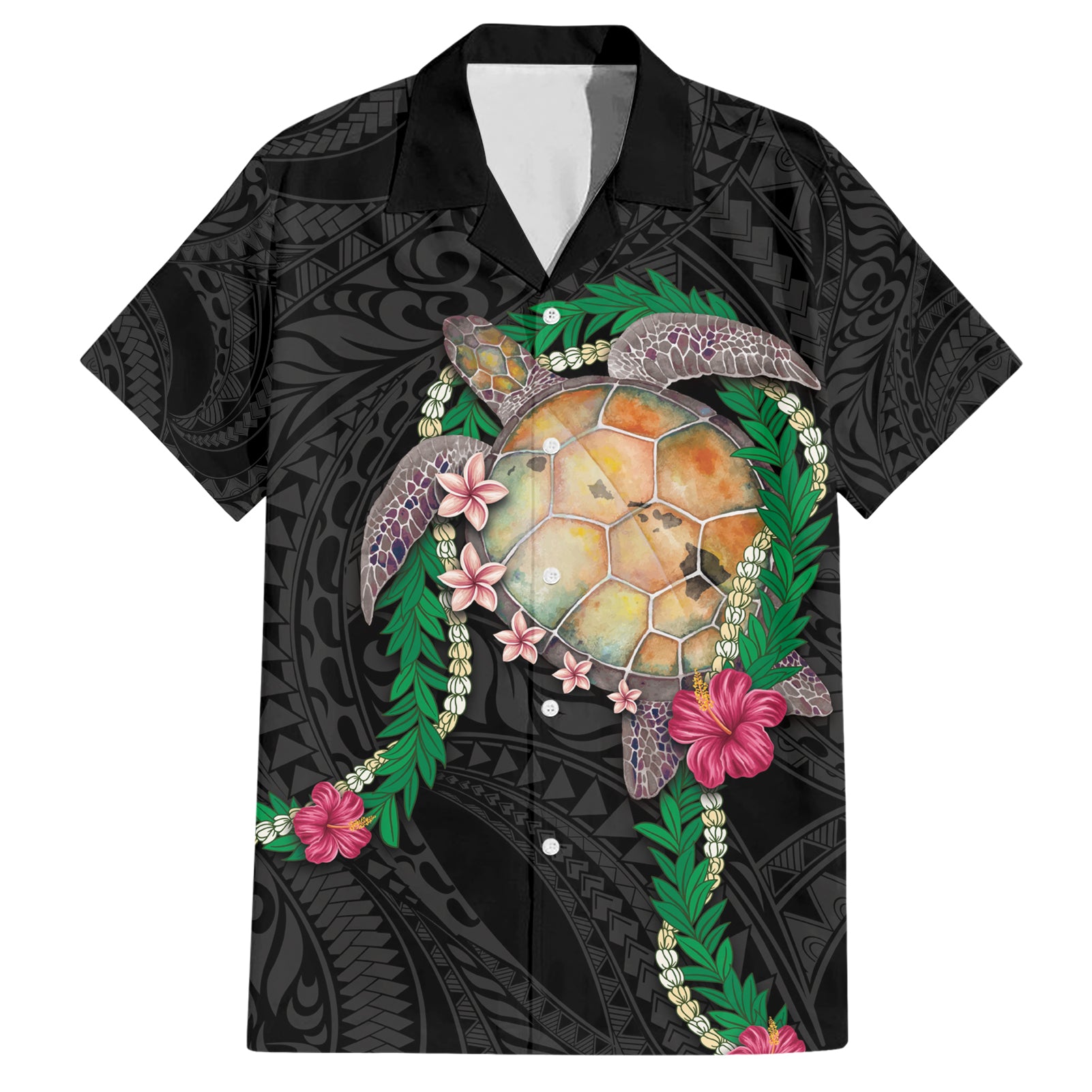 Hawaii Pikake and Maile Lei Hawaiian Shirt Honu Polynesian Pattern Black Color