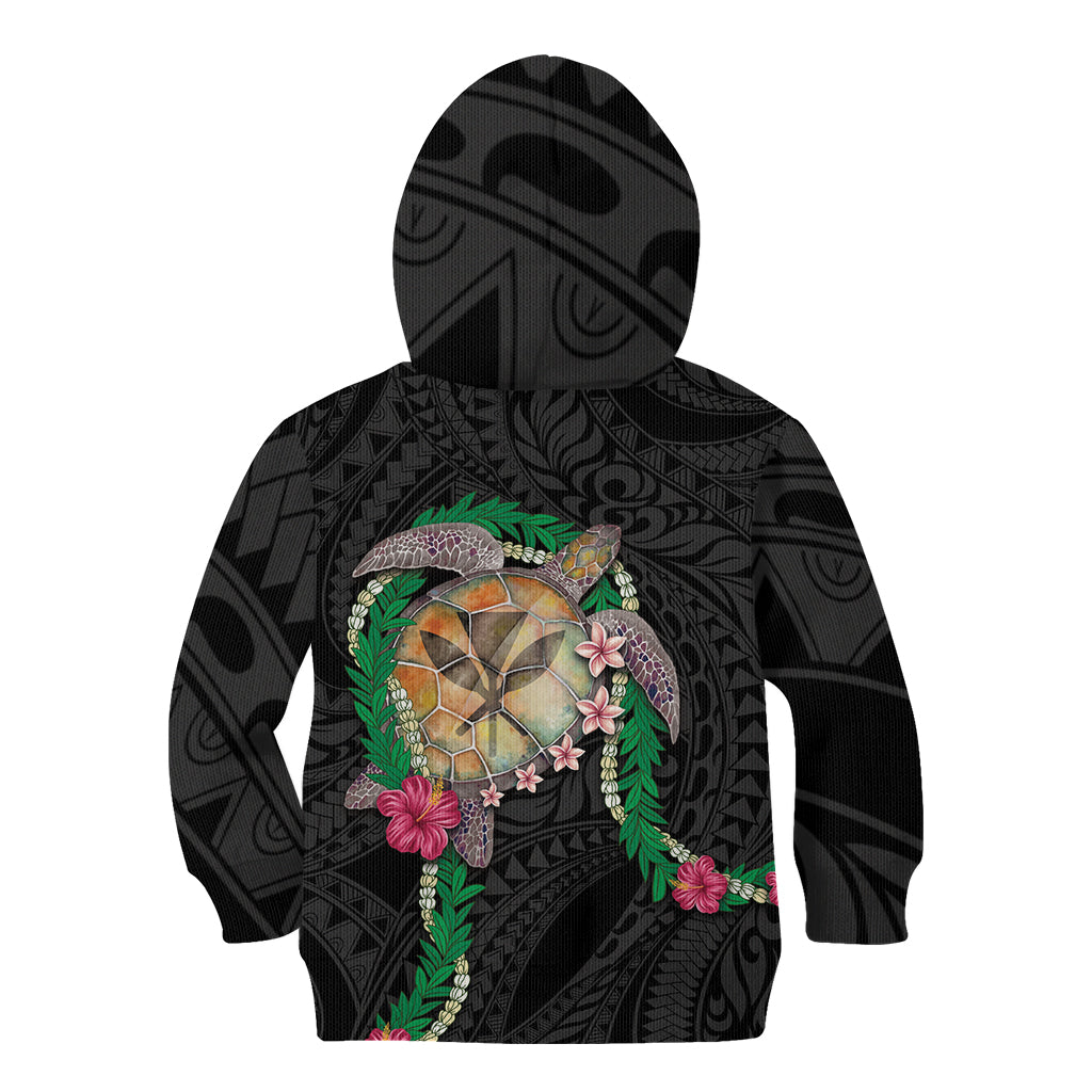 Hawaii Pikake and Maile Lei Kid Hoodie Honu Polynesian Pattern Black Color
