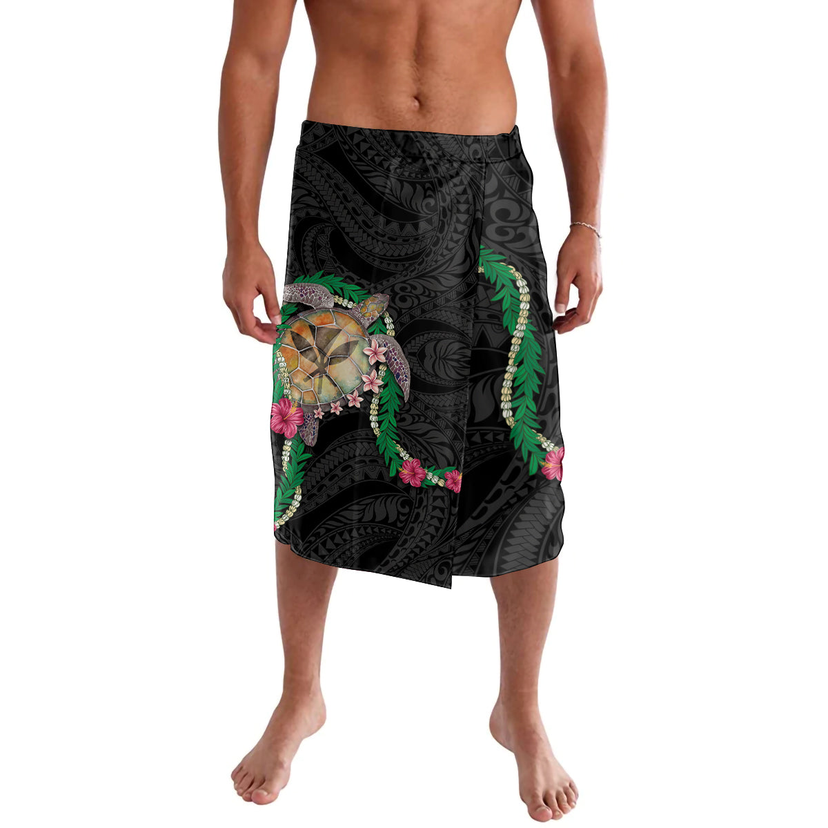 Hawaii Pikake and Maile Lei Lavalava Honu Polynesian Pattern Black Color