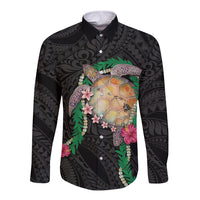 Hawaii Pikake and Maile Lei Long Sleeve Button Shirt Honu Polynesian Pattern Black Color