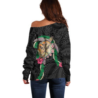 Hawaii Pikake and Maile Lei Off Shoulder Sweater Honu Polynesian Pattern Black Color