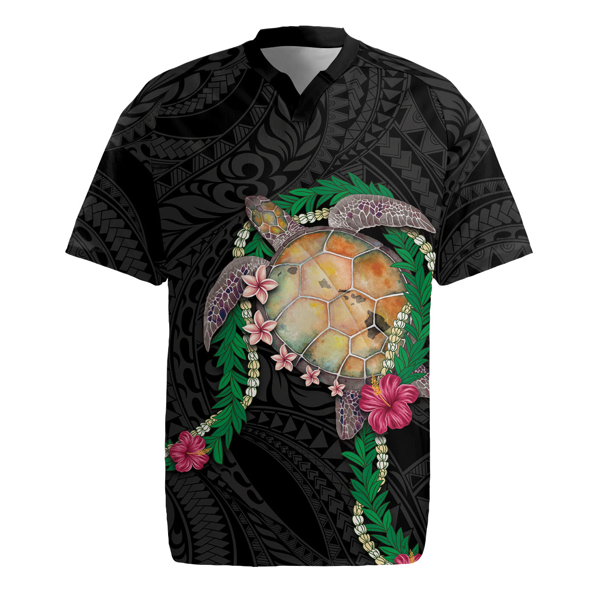 Hawaii Pikake and Maile Lei Rugby Jersey Honu Polynesian Pattern Black Color