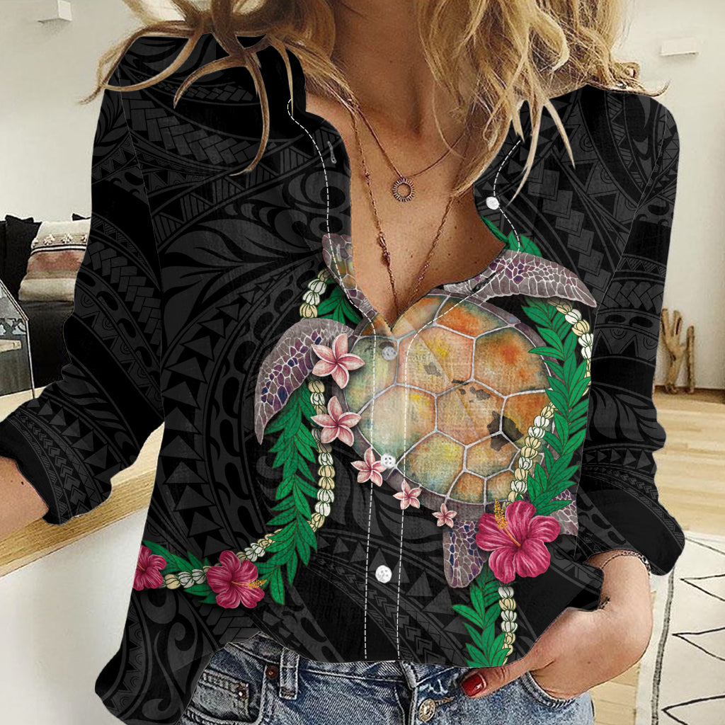 Hawaii Pikake and Maile Lei Women Casual Shirt Honu Polynesian Pattern Black Color