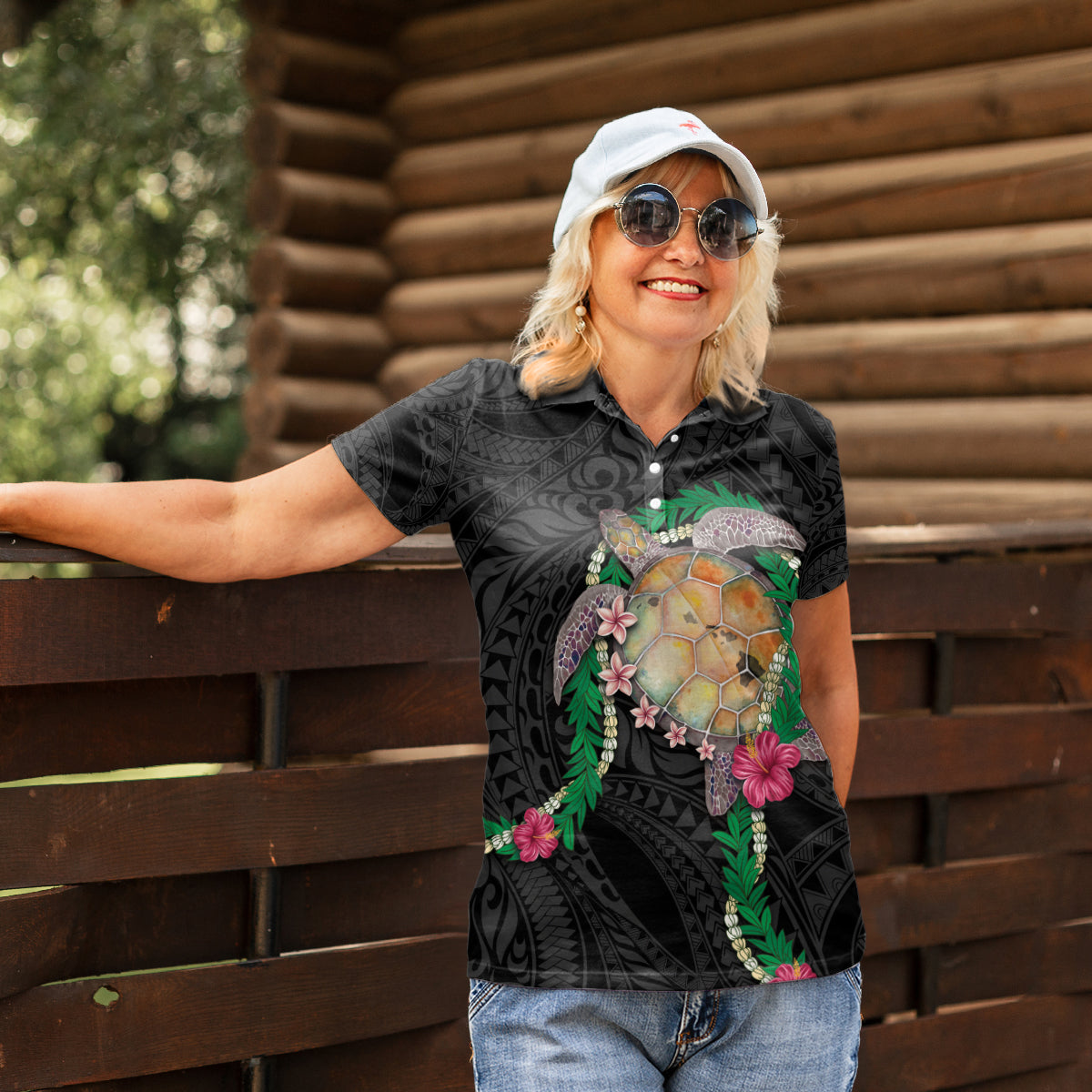 Hawaii Pikake and Maile Lei Women Polo Shirt Honu Polynesian Pattern Black Color