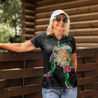 Hawaii Pikake and Maile Lei Women Polo Shirt Honu Polynesian Pattern Black Color
