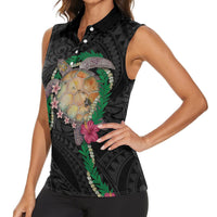 Hawaii Pikake and Maile Lei Women Sleeveless Polo Shirt Honu Polynesian Pattern Black Color