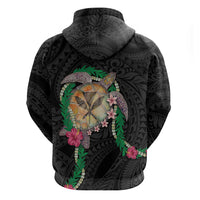 Hawaii Pikake and Maile Lei Zip Hoodie Honu Polynesian Pattern Black Color