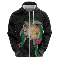 Hawaii Pikake and Maile Lei Zip Hoodie Honu Polynesian Pattern Black Color
