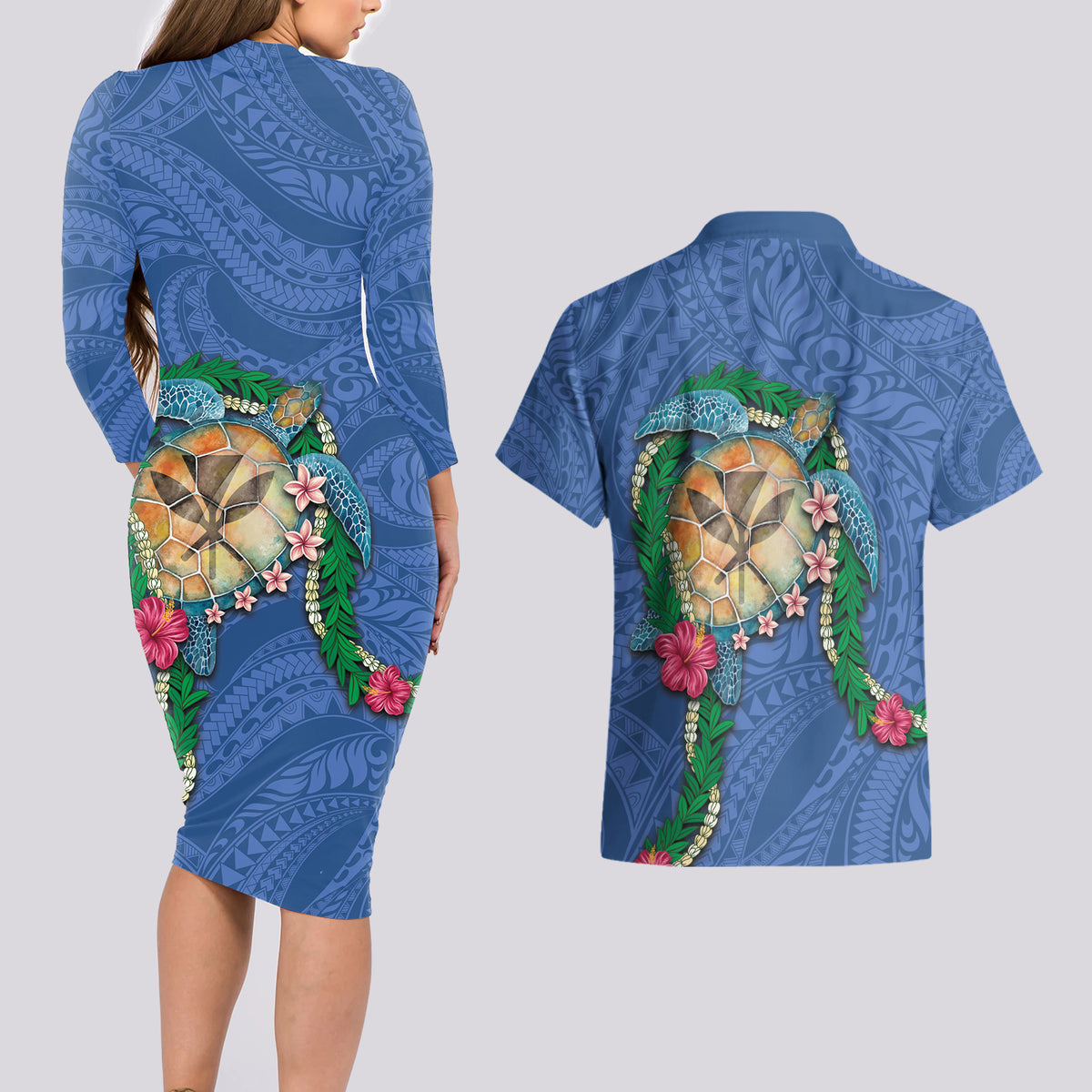Hawaii Pikake and Maile Lei Couples Matching Long Sleeve Bodycon Dress and Hawaiian Shirt Honu Polynesian Pattern Blue Color