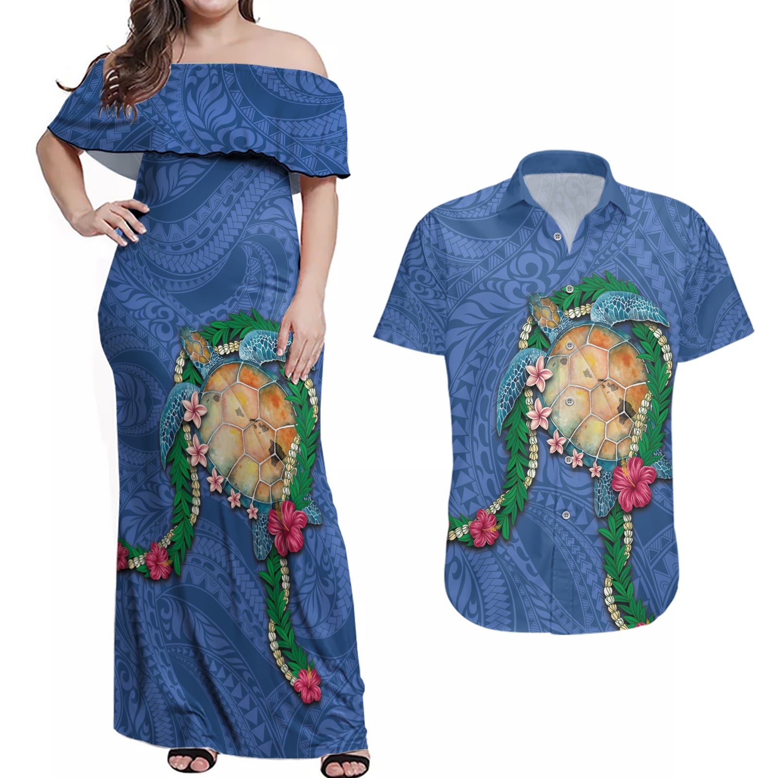 Hawaii Pikake and Maile Lei Couples Matching Off Shoulder Maxi Dress and Hawaiian Shirt Honu Polynesian Pattern Blue Color