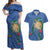 Hawaii Pikake and Maile Lei Couples Matching Off Shoulder Maxi Dress and Hawaiian Shirt Honu Polynesian Pattern Blue Color