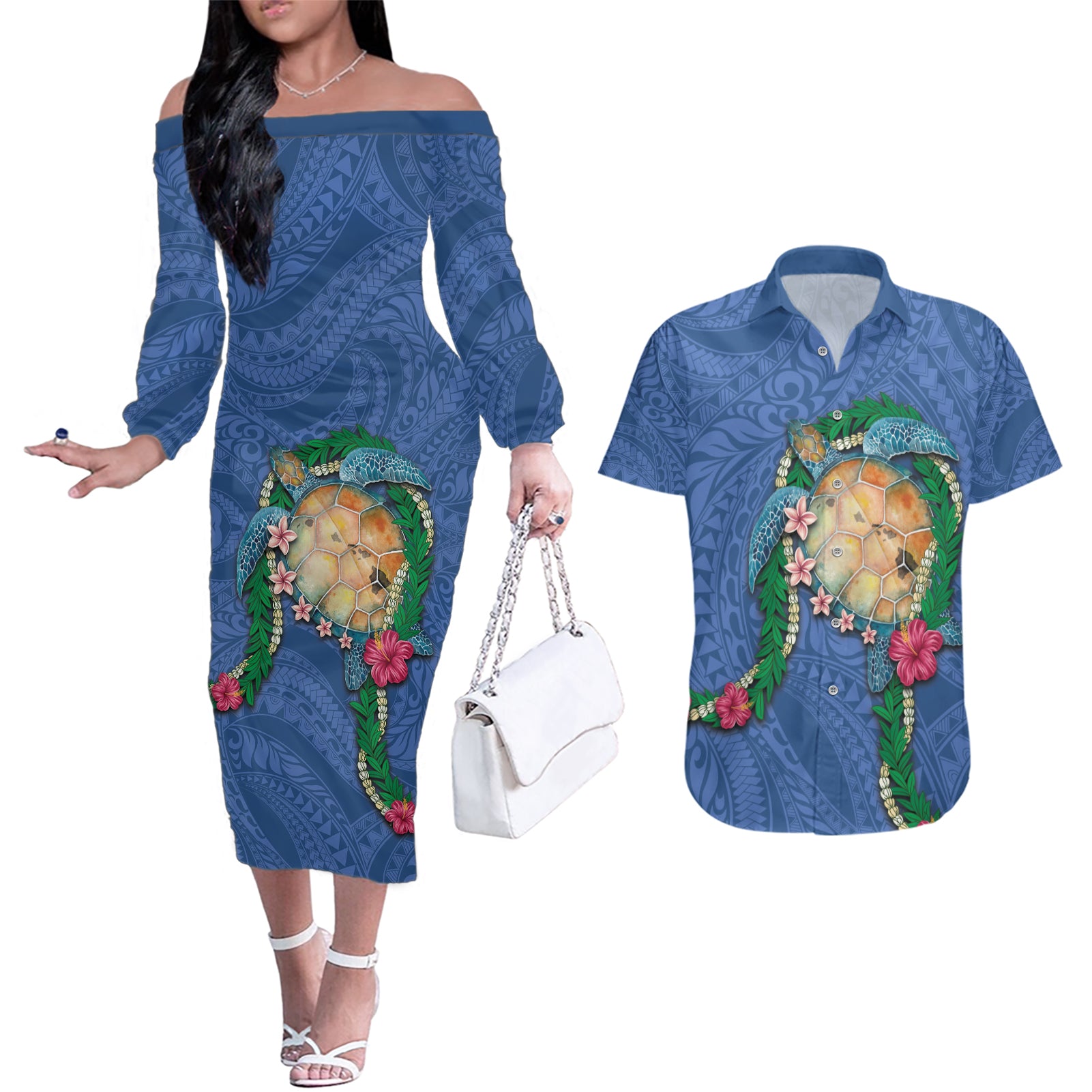 Hawaii Pikake and Maile Lei Couples Matching Off The Shoulder Long Sleeve Dress and Hawaiian Shirt Honu Polynesian Pattern Blue Color