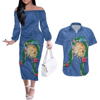 Hawaii Pikake and Maile Lei Couples Matching Off The Shoulder Long Sleeve Dress and Hawaiian Shirt Honu Polynesian Pattern Blue Color